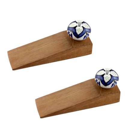 2 Pieces Navy Blue Flower Crackle Ceramic Wooden Door Stopper